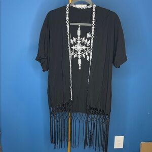 Love Tree Black Kimono with White Aztec Embroidery and Fringe